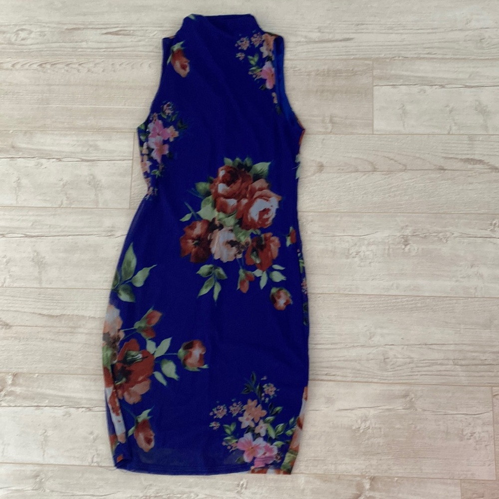 Blue Floral Mock Neck Dress